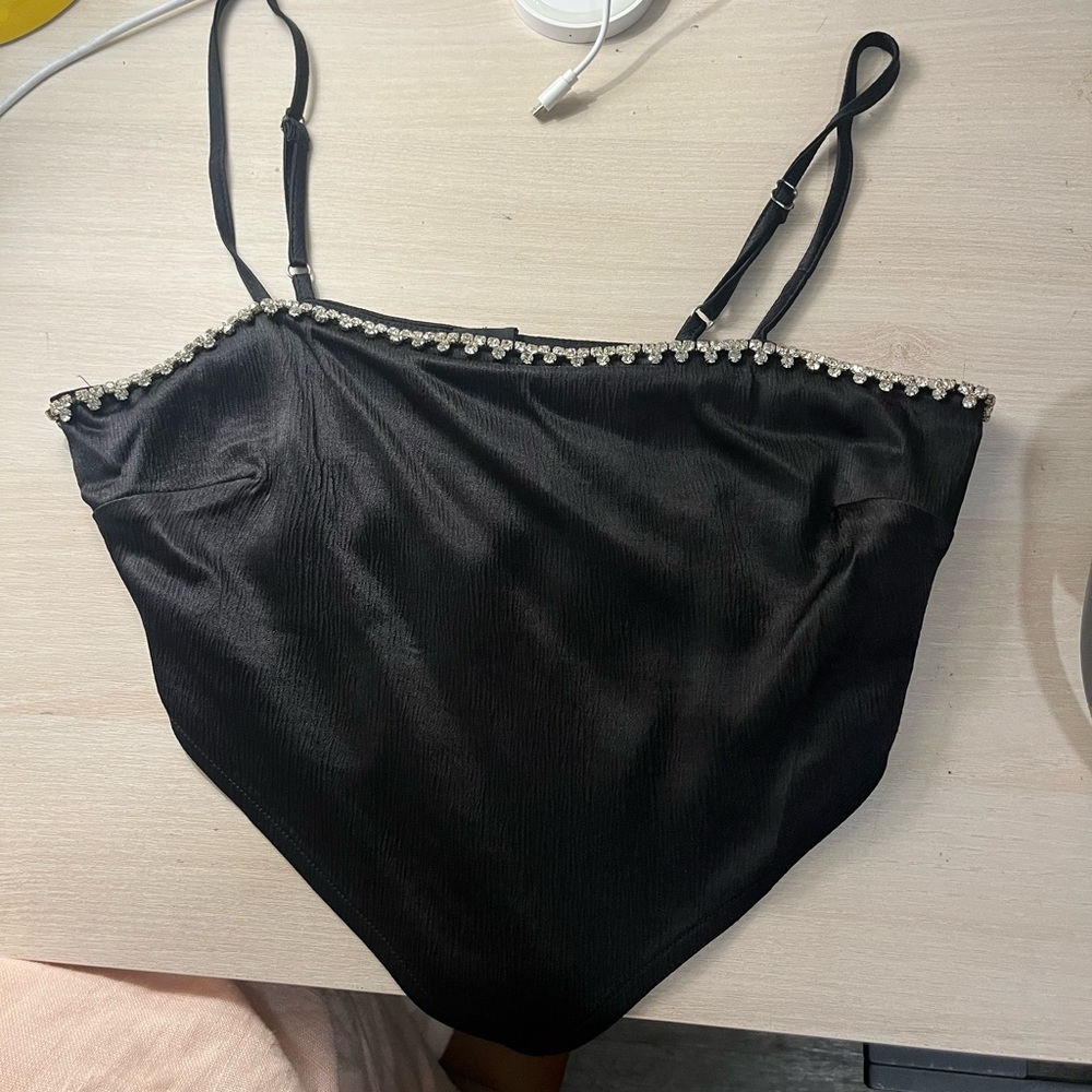 Black Satin crop top with gem Trim